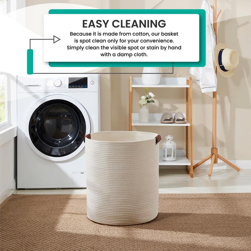 Cream Cotton Rope Laundry Hamper with Leather Handles