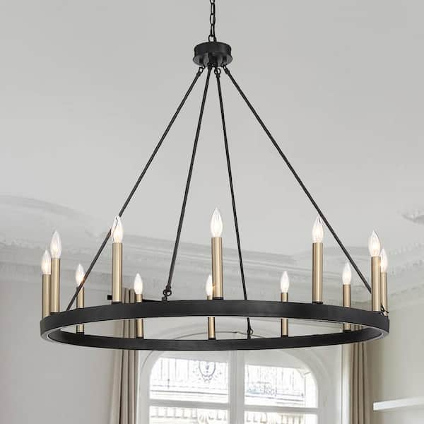 black and brass wagon wheel chandelier