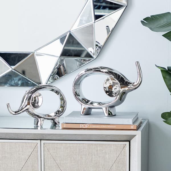 Litton Lane Silver Porcelain Elephant Sculpture (Set of 2)
