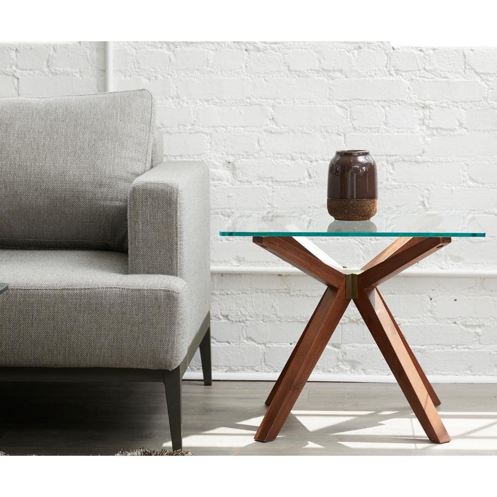Marta 24in Mid Century Style Glass Top End Table, Walnut - thumbnail 6