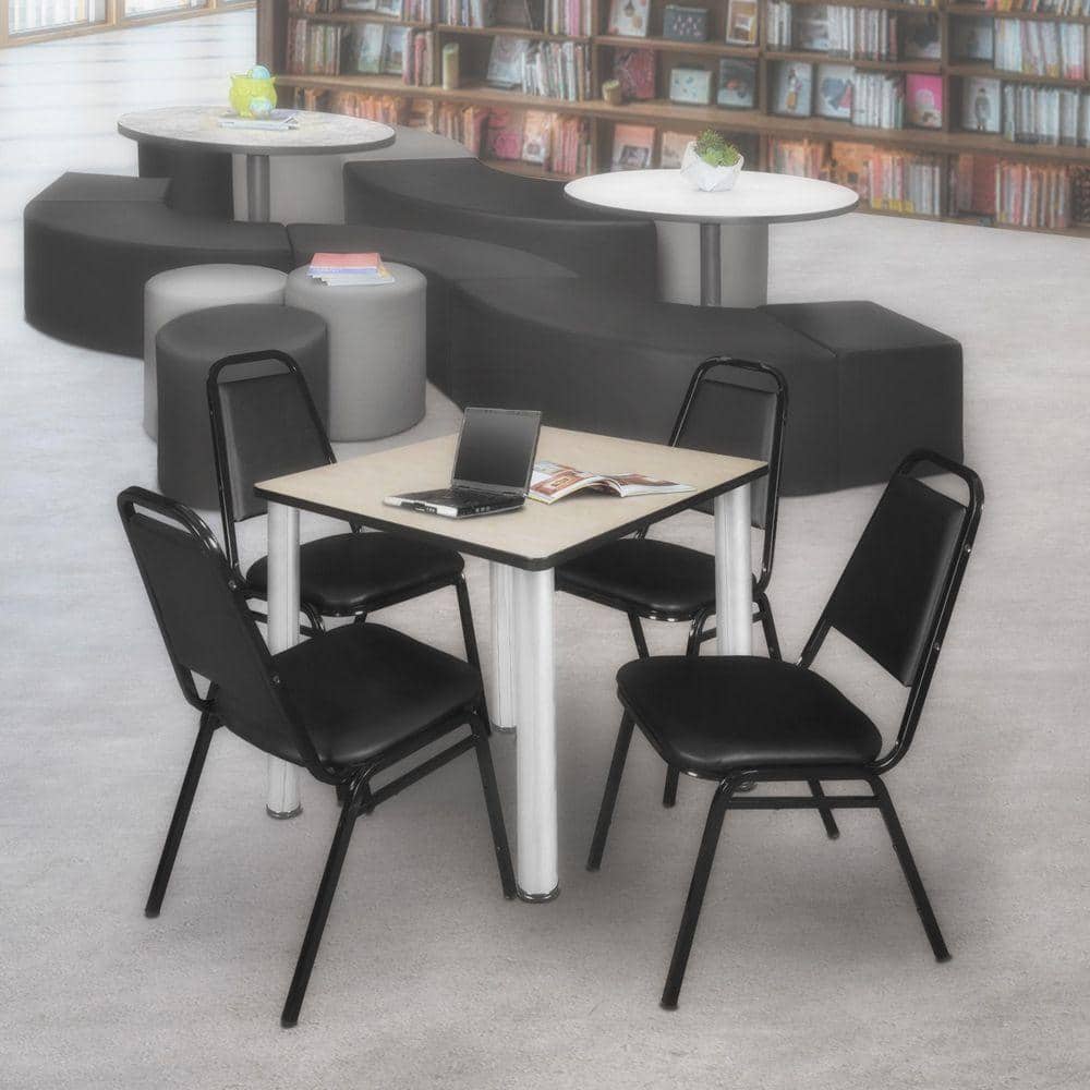 Kee 30 in Maple Top Square Breakroom Table Desk, Chrome Legs, 4 Restaurant Stack Chairs