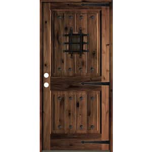 36 in. x 80 in. Mediterranean Knotty Alder Sq. Top Red Mahogony Stain Right-Hand Inswing Wood Single Prehung Front Door