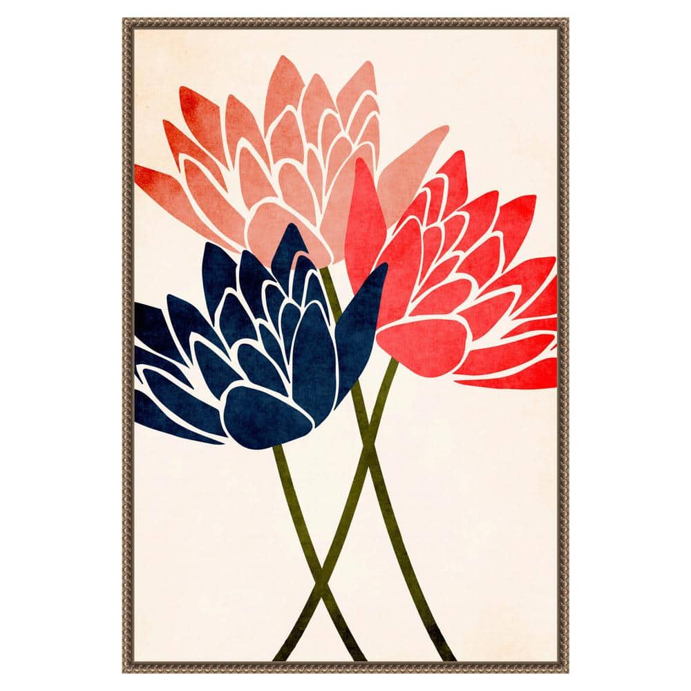 Three Dancing Blossoms Beaded Bronze Framed Canvas Wall Art