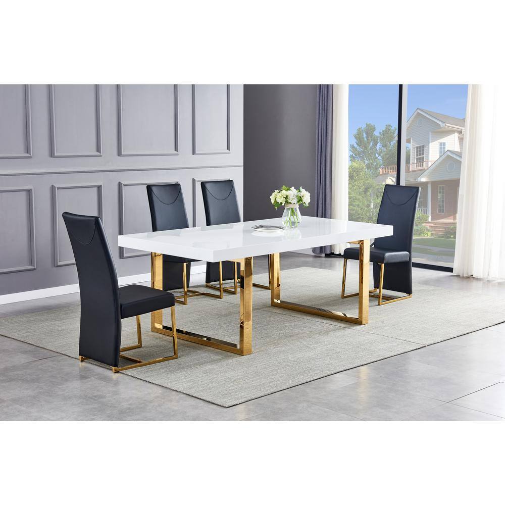 White and Gold Rectangular Modern Dining Table with Wood Top