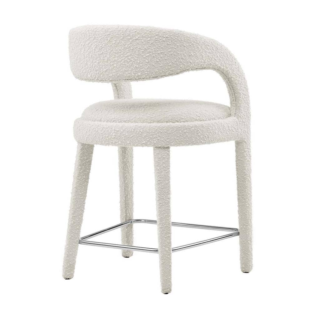 Ivory Boucle Upholstered Counter Stools with Curved Backrest, Set of Two