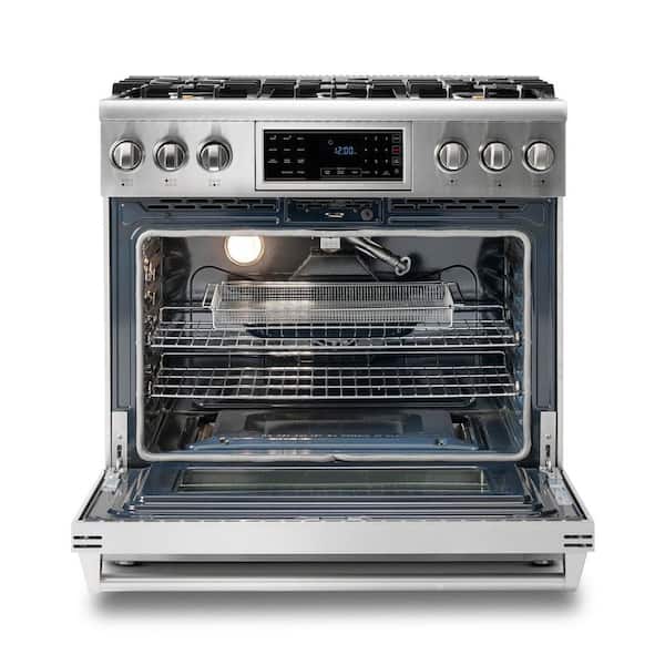 Tilt Panel 36-in 6 Burners Freestanding Gas Range with self-cleaning and air fry convection oven in. Stainless Steel