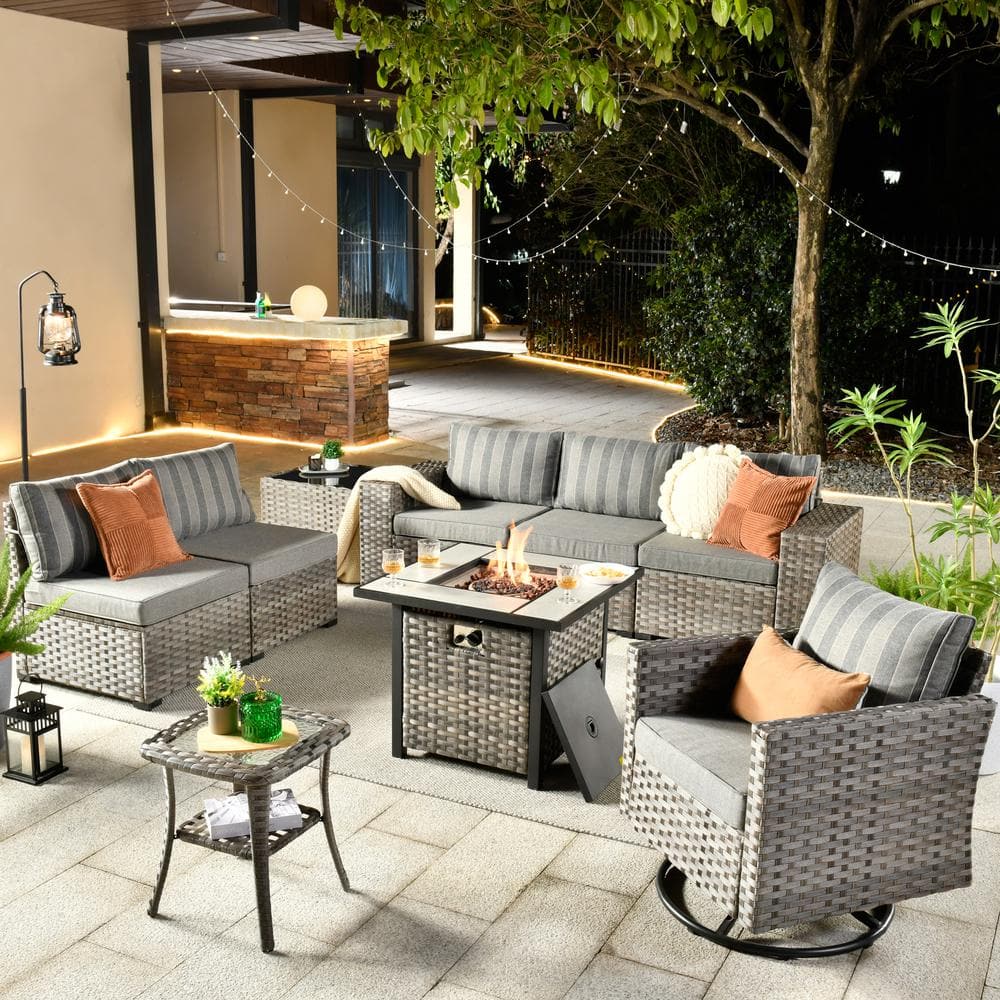HOOOWOOO Tahoe Grey 9-Piece Wicker Patio Fire Pit Conversation Sofa Set with a Swivel Rocking Chair and Striped Grey Cushions