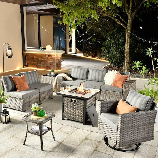 HOOOWOOO Tahoe Grey 9-Piece Wicker Patio Fire Pit Conversation Sofa Set ...