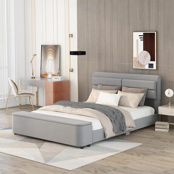 Harper & Bright Designs Gray Upholstery Wood Frame Queen Platform Bed ...