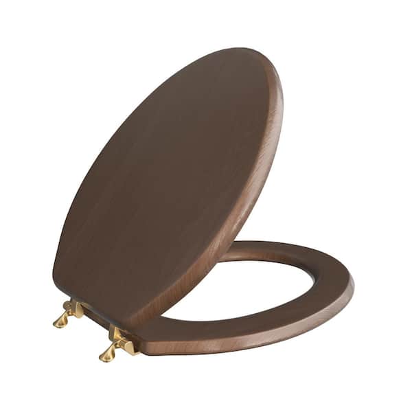 JONES STEPHENS Designer Wood Elongated Closed Front Toilet Seat with Cover and Brass Hinge in Piano Oak