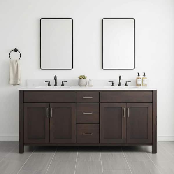Kingham 73 in. Double Sink River Rock Brown Freestanding Bath Vanity with Golden Carrara Quartz Top Assembled
