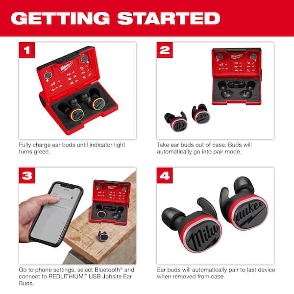 Milwaukee REDLITHIUM USB Red Wireless Bluetooth Noise Cancelling Earbud & In-Ear