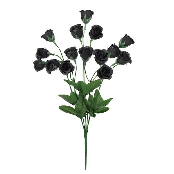 LIVING LUXURY 14 in. Black Artificial Mini Rose Bud Flower Stem Bush Bouquet (Set of 12)