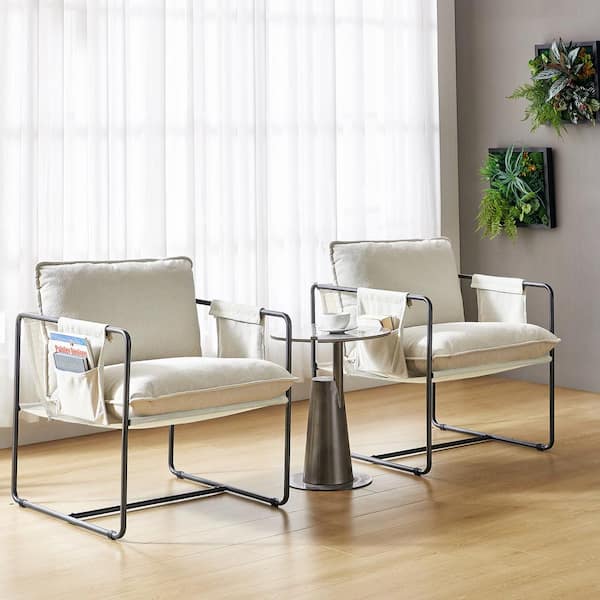 Pablo Beige Polyester Accent Chair Set of 2 with Storage Pocket