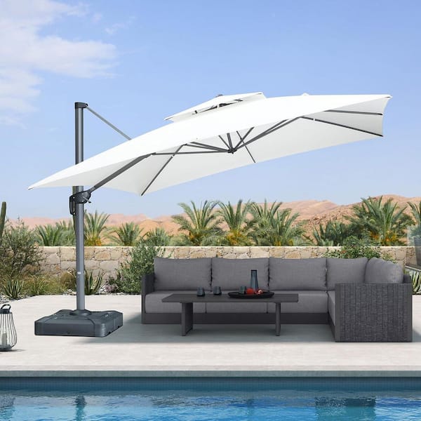 12 ft. Square Sunbrella Double Top Outdoor Aluminum 360° Rotation Cantilever Patio Umbrella in White