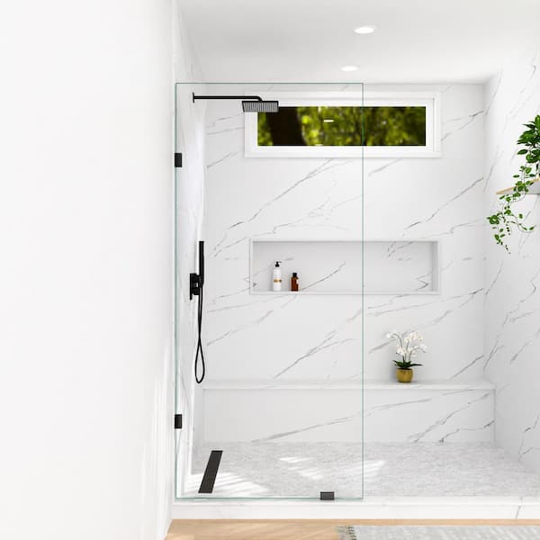 Linea 32 in. W x 78 in. H Frameless Fixed Single Panel Shower Screen Door in Matte Black with 3/8 in. (10mm) Clear Glass