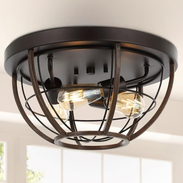 JONATHAN Y Lyla 15.75 in. Wood Finished/Oil Rubbed Bronze 3-Light Rustic Farmhouse Iron LED Flush Mount