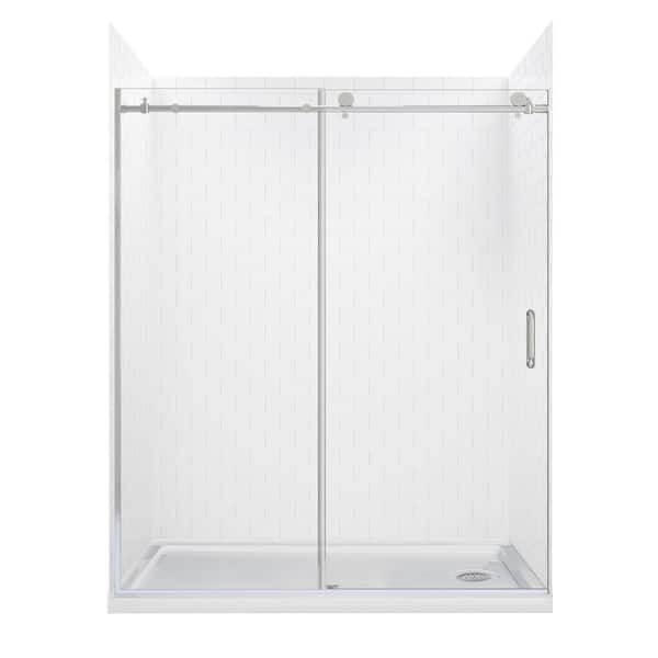 null Marina 60 in. L x 32 in. W x 78 in. H Right Drain Alcove Shower Stall/Kit in White Subway with Silver Trim