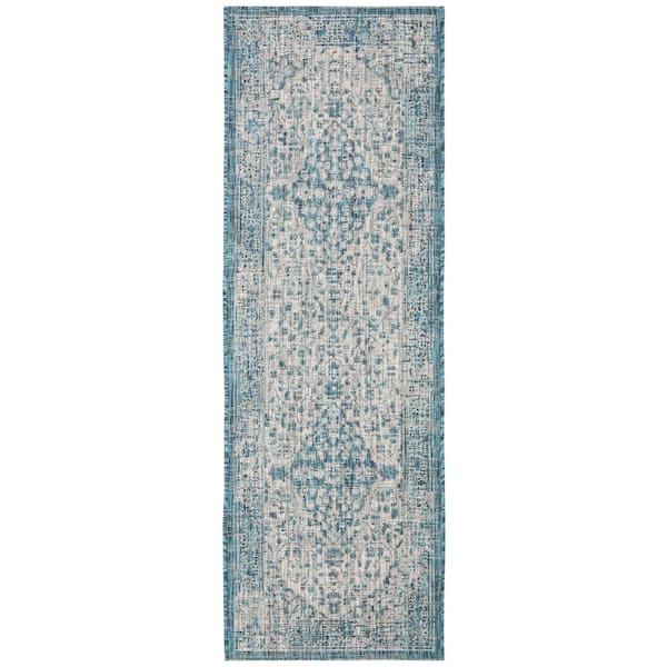 SAFAVIEH Courtyard Teal/Cream 2 ft. x 10 ft. Geometric Indoor/Outdoor Patio  Runner Rug