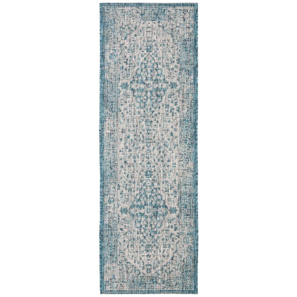 SAFAVIEH Courtyard Teal/Cream 2 ft. x 7 ft. Geometric Indoor/Outdoor ...