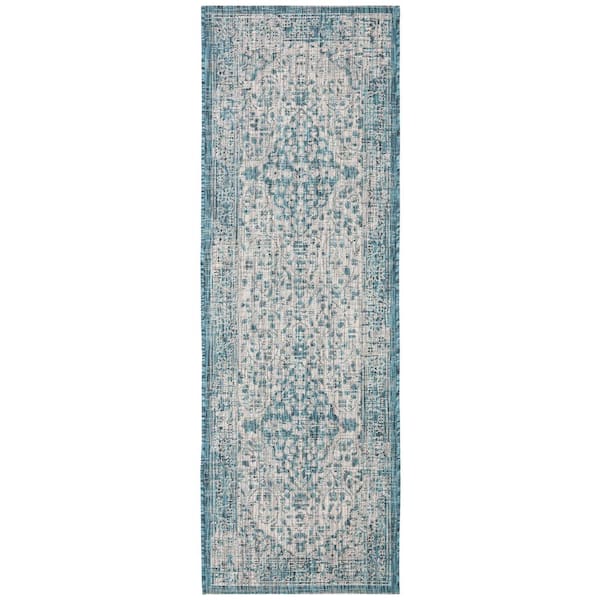 Courtyard Teal/Cream 2 ft. x 7 ft. Geometric Indoor/Outdoor Patio  Runner Rug