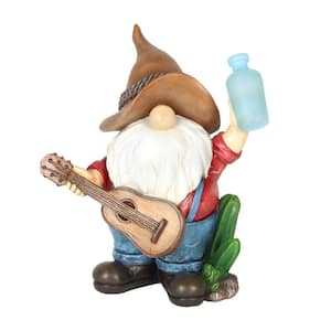 Solar Cowboy with Guitar and Glowing Bottle, 9 x 5 x 11 in. Gnome Garden Statue