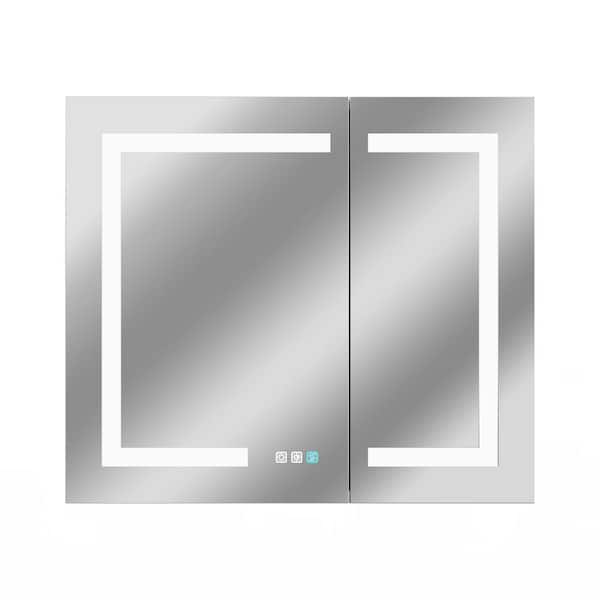 tunuo 30 in. W x 26 in. H Rectangular Silver LED Anti-fog Aluminum Recessed/Surface Mount Medicine Cabinet with Mirror