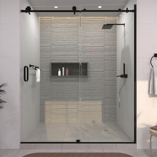 TaiMei 60 in. W x 76 in. H Sliding Semi-Frameless Shower Door in Matte Black Finish with Clear Glass