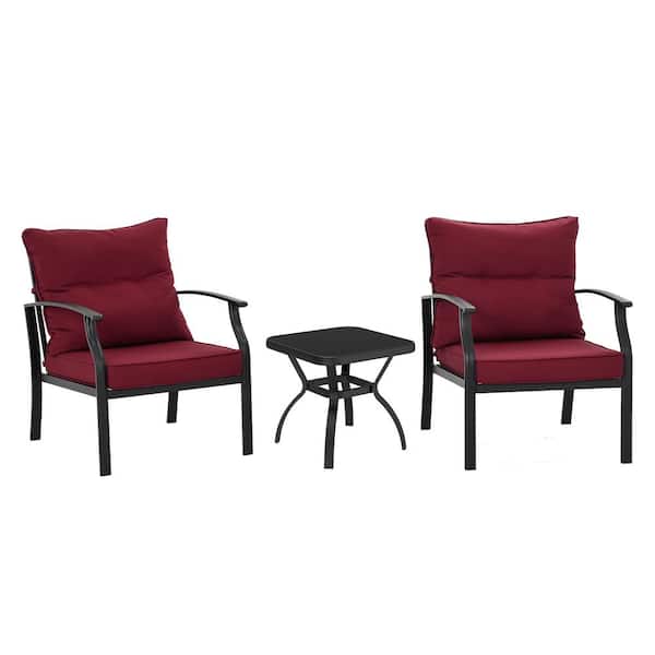 Unbranded Modern 3-Piece Metal Outdoor Bistro Set with Burgundy Cushion