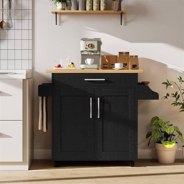 Rolling Kitchen Black Island Cart Storage Cabinet with Towel and Spice Rack