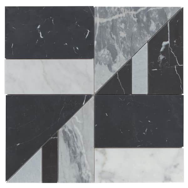 Modni White Carrara/Nero Marquina/Bardiglio Nuvolato 16x16 in. Geometric Honed Marble Mosaic Tile (8.85 sq. ft. /Case)