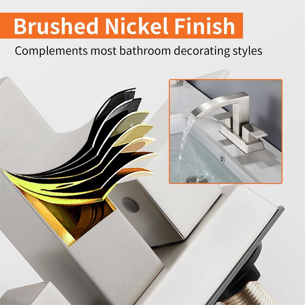 Brushed Nickel Double Handle Waterfall Bathroom Faucet with Pop-Up Drain