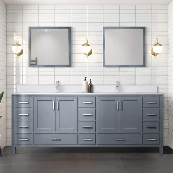 Lexora Jacques 84 in. W x 22 in. D Dark Grey Double Bath Vanity, White Quartz Top, Faucet Set, and 34 in. Mirrors