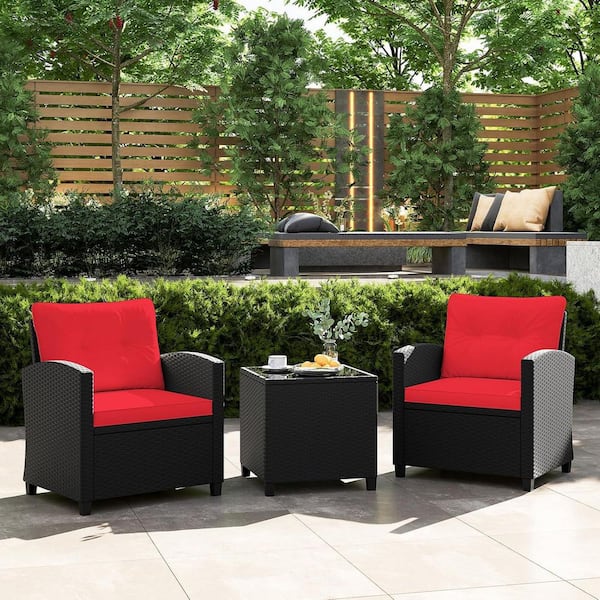 Unbranded Black 3-Piece Wicker Patio Conversation Set with Red Cushions