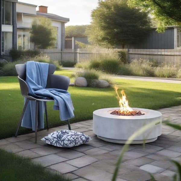 30 in. Propane Gas Fire Pit Table, 50000 BTU Round Concrete Fire Pit for Outside Patio Deck Garden Backyard, Light Gray