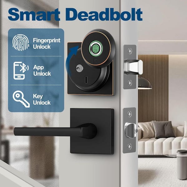 3 in 1 Aluminum Smart Lock Deadbolt with App Biometric Door Knob, Keyless Entry Door Lock, in Black