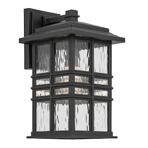 Beacon Square 14.25 in. 1-Light Textured Black Outdoor Hardwired Wall Lantern Sconce with No Bulbs Included (1-Pack)