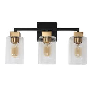 18 in. 3-Light Brass Bathroom Vanity Light for Mirrors, Clear Glass Black Bath Lighting, Modern Indoor Wall Sconce