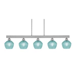 Albany 60-Watt 5-Light Brushed Nickel Linear Pendant Light with Turquoise Glass Shades and No Bulbs Included