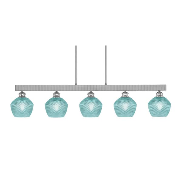 Albany 60-Watt 5-Light Brushed Nickel Linear Pendant Light with Turquoise Glass Shades and No Bulbs Included