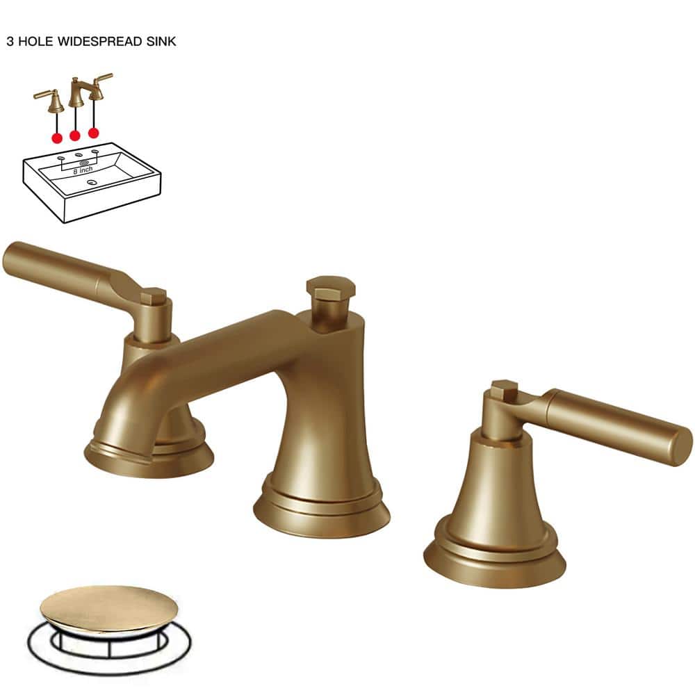 Brushed Gold Widespread 2-Handle Bathroom Faucet with Drain Assembly