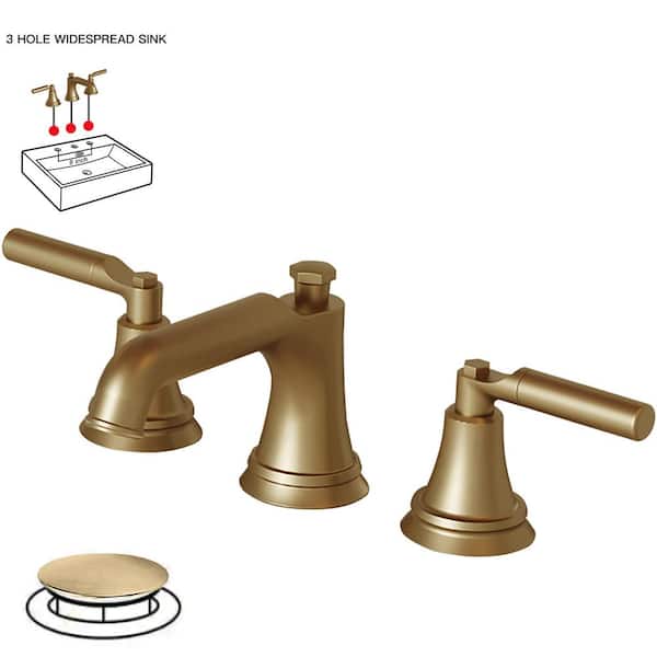 8 in. Widespread Double Handle Low Arc Bathroom Faucet with Drain Kit, Easy to Install, Drip Free in Brushed Gold