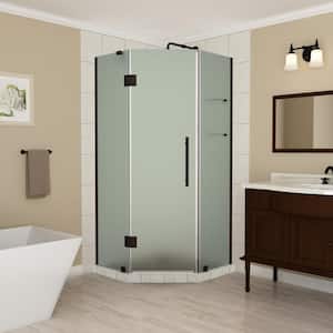 Merrick GS 42 in. to 42.5 in. x 72 in. Frameless Neo-Angle Hinged Shower Enclosure with Frosted Glass, Shelves in Bronze