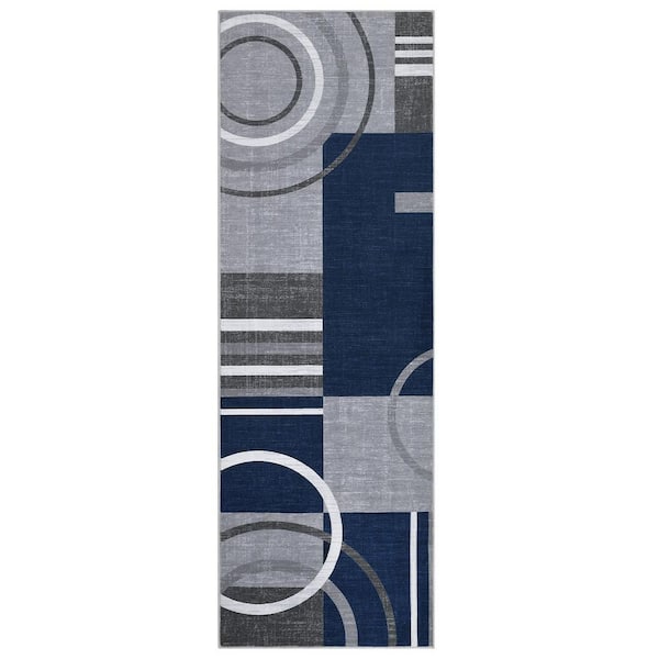 Dark Blue 2x6ft Geometric Abstract Washable Area Rug