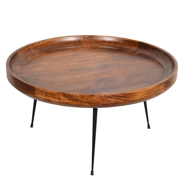 THE URBAN PORT Gia 30 in. Brown and Black Round Mango Wood Coffee Table with Splayed Metal Legs