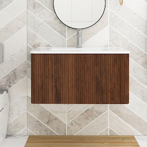 30 in. W x 18 in. D x 15 in. H Single Sink Wall Mounted Floating Bath Vanity in Walnut with White Ceramic Top