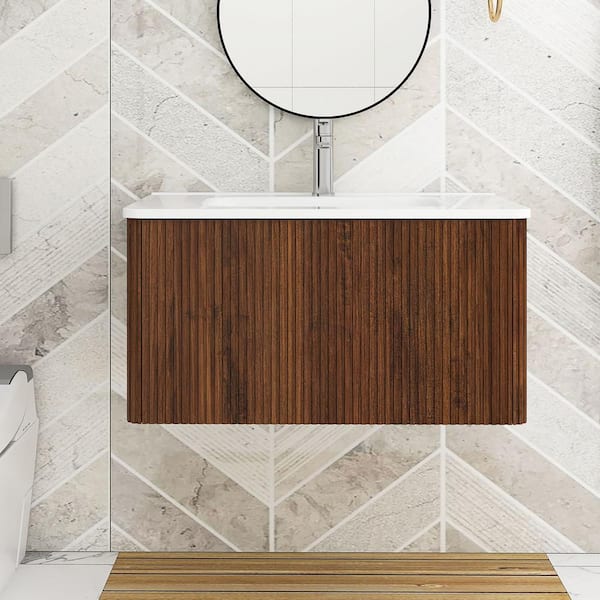 Staykiwi 30 in. W x 18 in. D x 15 in. H Single Sink Wall Mounted Floating Bath Vanity in Walnut with White Ceramic Top