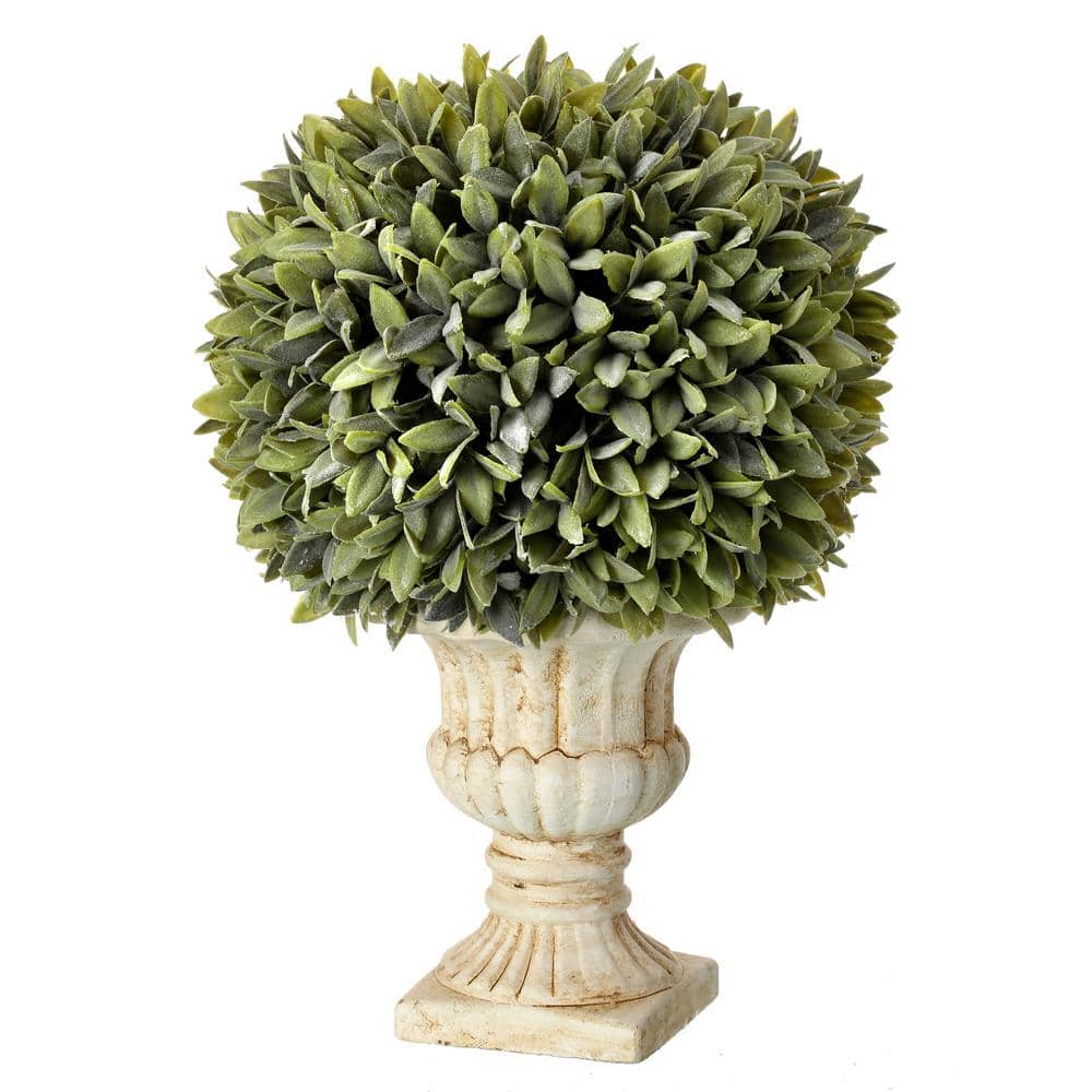 15'' Green Plastic Sage Topiary in White Cement Planter