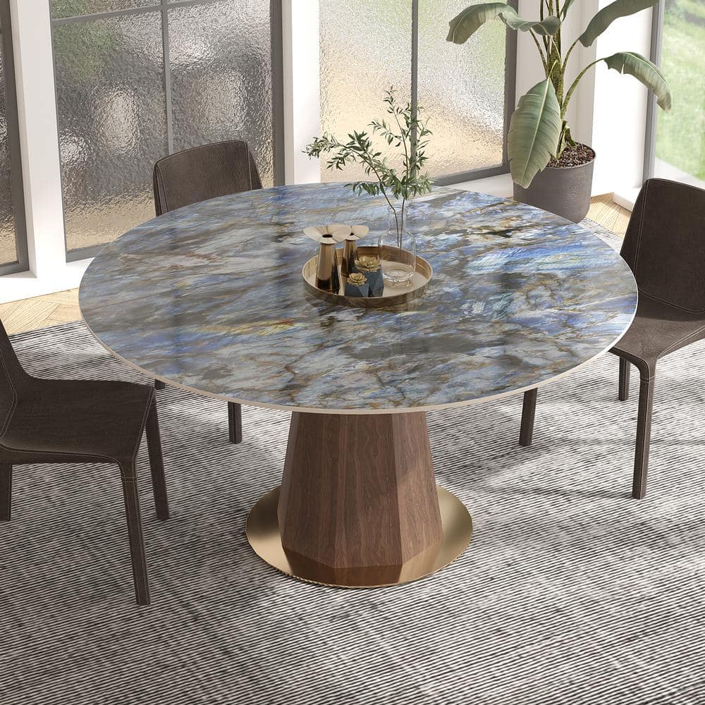Modern Round White Top Sapphire Stone Tabletop 53.15 in. Walnut Pedestal Di