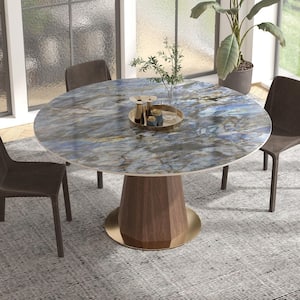 Modern Round White Top Sapphire Stone Tabletop 53.15 in. Walnut Pedestal Dining Table (Seats-4)